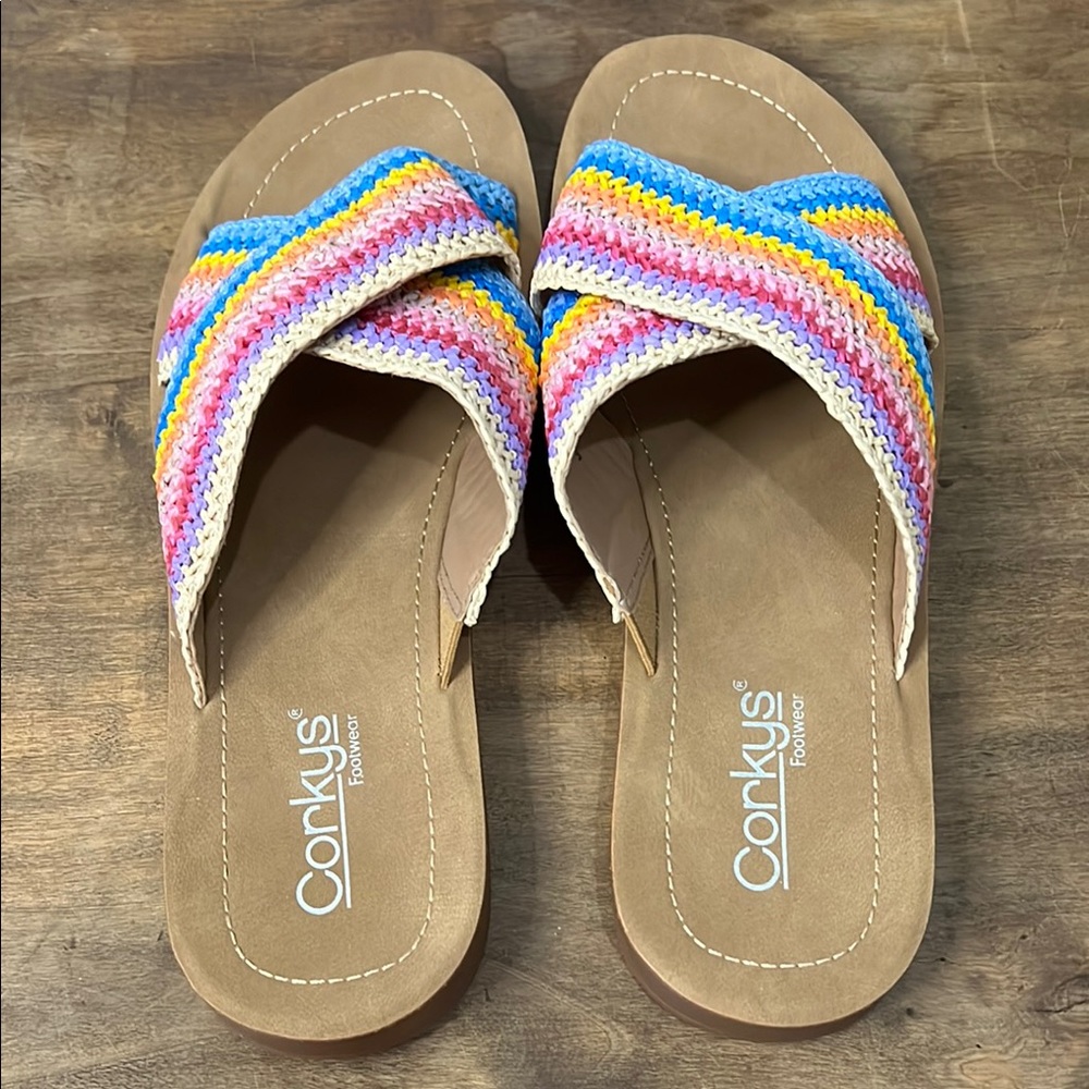 Corkys Pink and Tan Sandals with Woven Cross-Strap Design size 10 - Picture 3 of 6